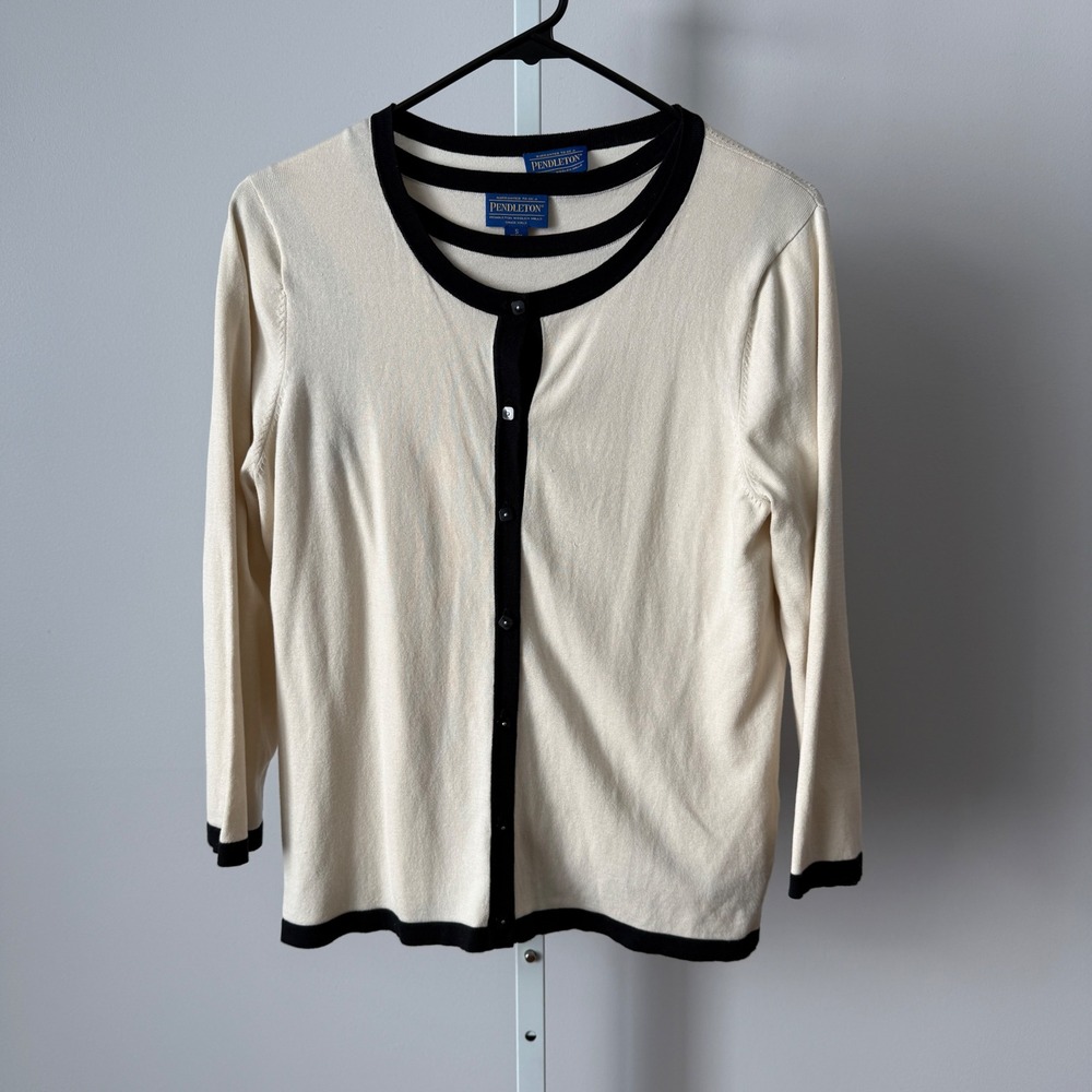 Pendleton sz SP Silk Twinset Cardigan Tank Set Cream Black Preppy Old Money